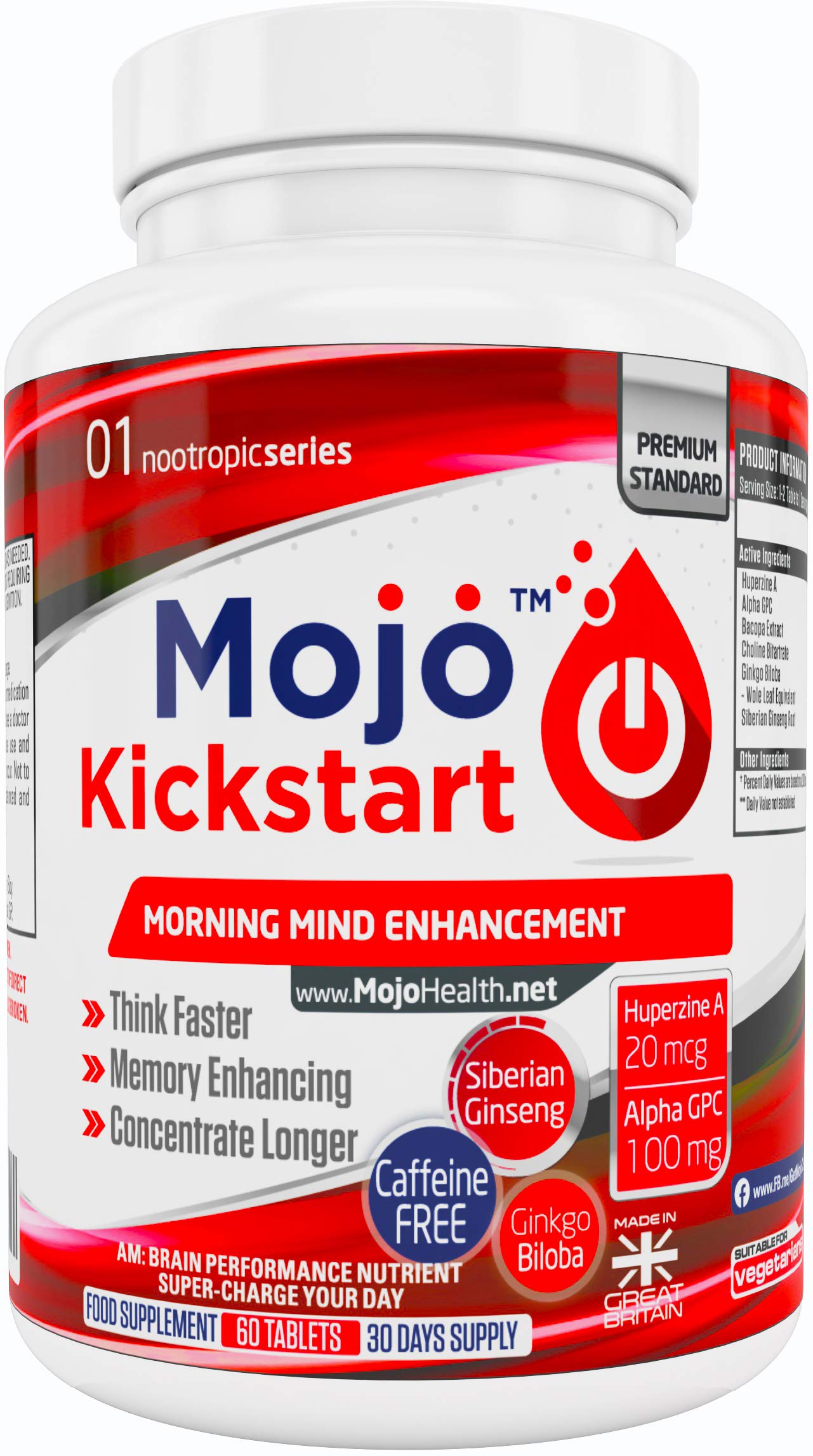 MOJO KICKSTART - Nootropic Alpha Brain Wave Boost Mental Supplements Focus Nootropics Enhancement | Alpha GPC | Bacopa | Choline | L-Tyrosine | Ginkgo Biloba | CoQ10 | Ginseng + MONEY BACK GUARANTEE