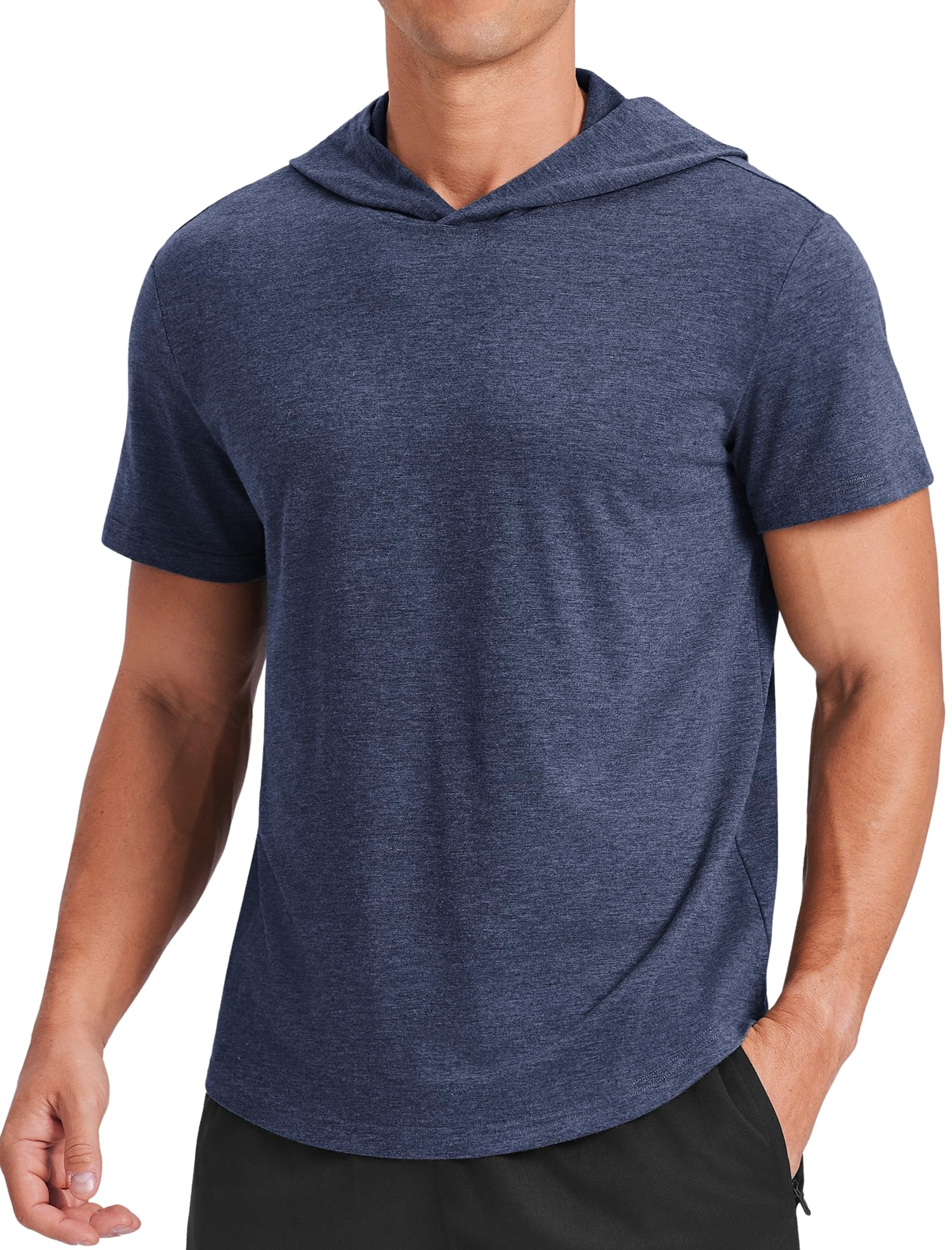 PINSPARK Short Sleeve Hoodies for Men Lightweight Pullover - Quick-Dry Athletic Hooded T-Shirt for Gym Workout Fitness Navy Blue