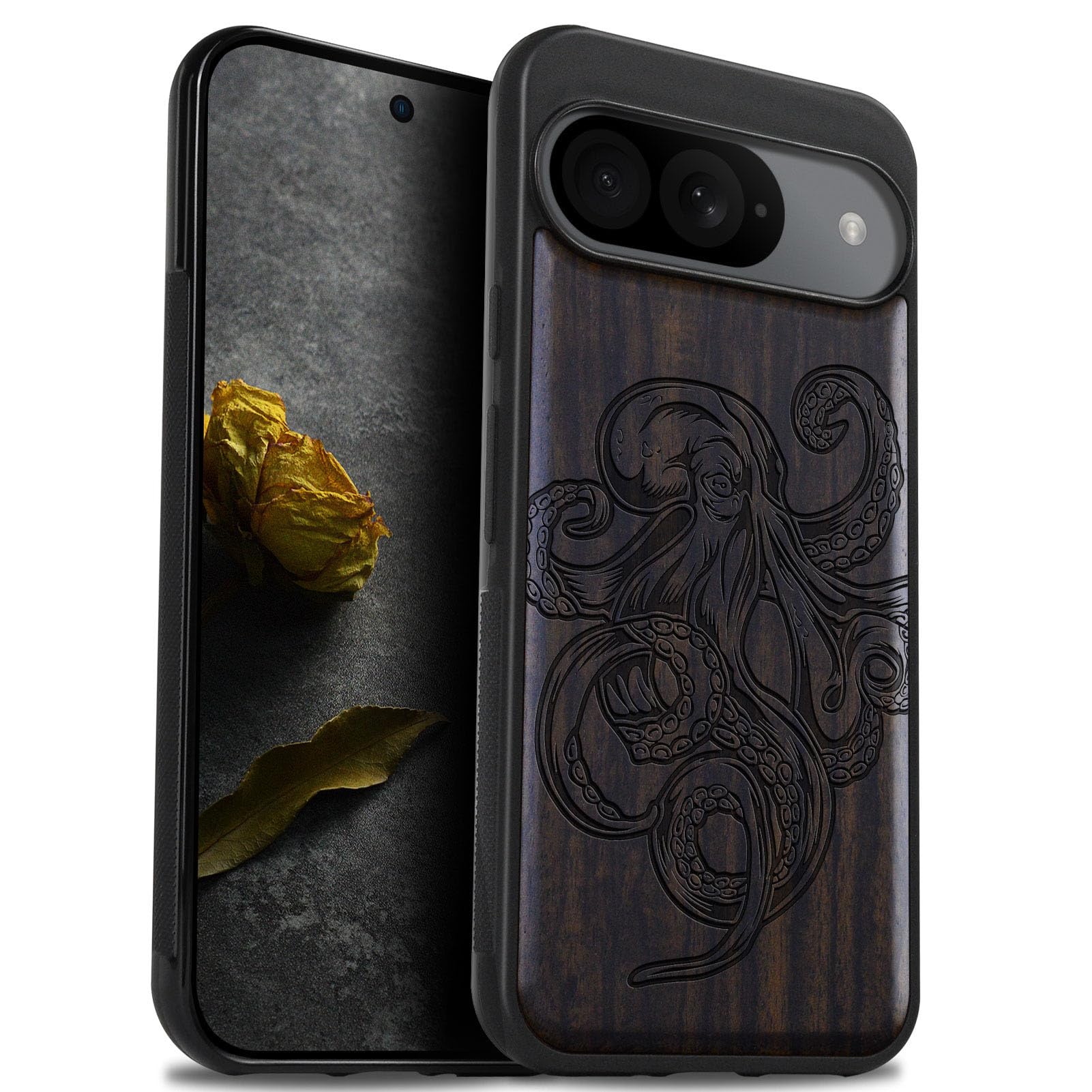 Carveit Wood Case for Pixel 9 - Natural Wood & Black Soft TPU Shockproof Protective Cover - Unique Wooden Case Compatible with Google Pixel 9 (Octopus Drawing-Blackwood)