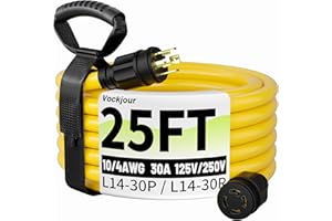 VOCKJOUR 25FT 30 Amp Generator Cord, Outdoor Heavy Duty 4 Prong Extension Cord with Twist Lock, NEMA L14-30P/L14-30R, 30A 125/250V, 10 Gauge, STW, for Home Emergencies, RVs, ETL Listed, Yellow