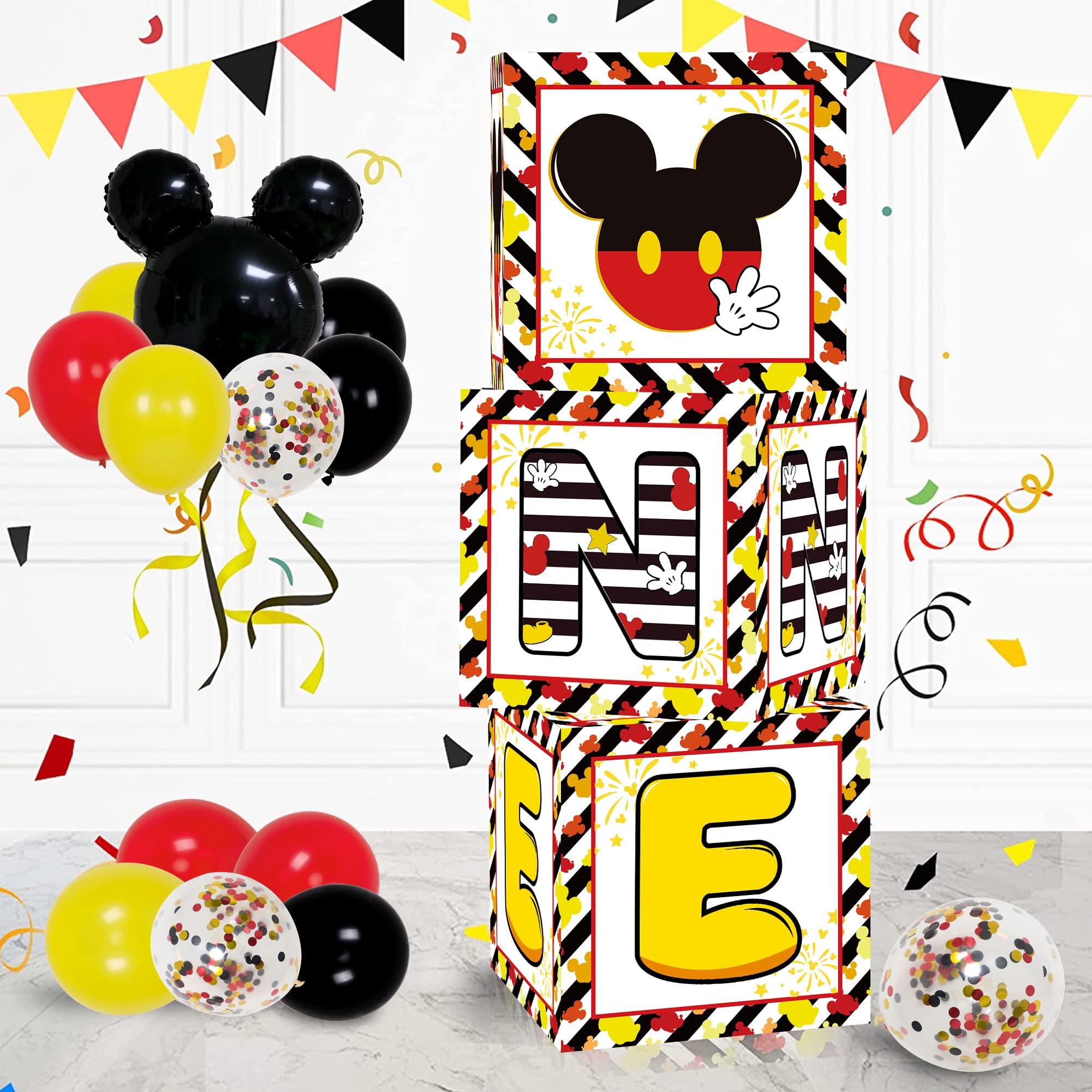 Photo 1 of 1st First Birthday Party Favors Balloon Boxes Supplies for Baby, 'ONE' Letters Balloon Arch Kit for Party Decorations, Boys 3Pcs Black Yellow Mouse Theme One Year Old Balloon Boxes with Letters