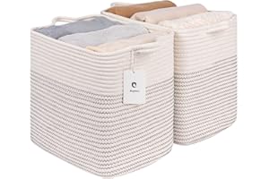 LAUGHBIRD Medium and Large Woven Basket//With Handle, Used for Toys and Fabric Storage Basket used for Storing xl Storage Box, Decorative Storage Box Room 2pack (14L*12H L White/Black Line, 14L*10W*12H)