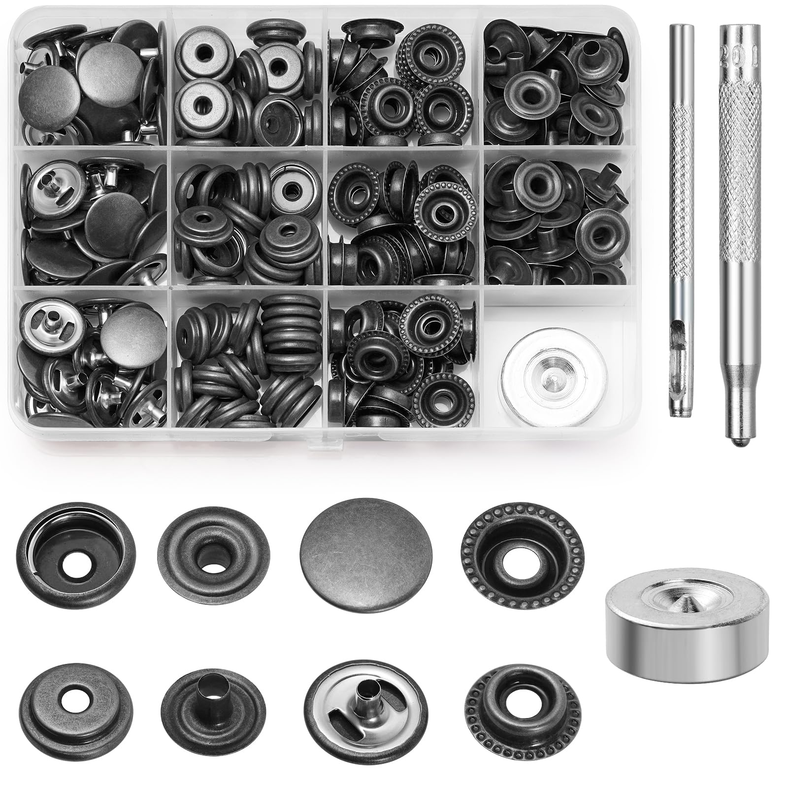 Amentalove 260PCS Snap Fastener Kit, Snap Button Kit, 15mm Heavy Duty Leather Snap Fasteners with 3 Setting Tools,Stainless Steel Press Stud Snap Fasteners for Clothing Jackets Bags Leather DIY Craft