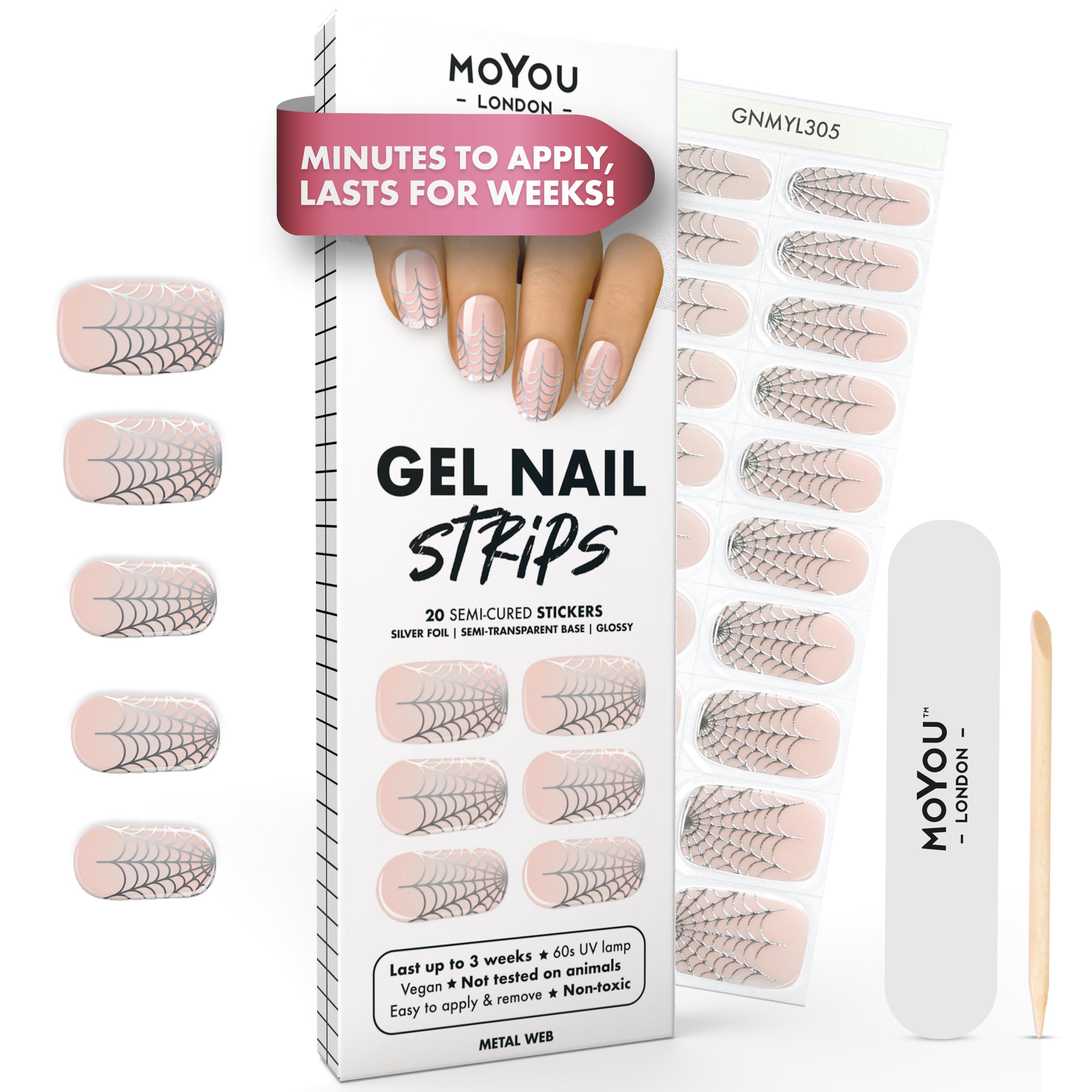 MOYOU LONDON Semi Cured Gel Nail Strips Halloween - 20 Pcs. Waterproof Gel Nail Wraps, Cures in Sunlight or UV/LED Lamp, Lasts Up to 2+ Weeks, Stretchable, Easy to Apply & Remove, Vegan & Cruelty-Free