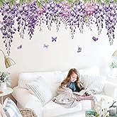 Hanging Purple Flower Vine Wall Decals Wisteria Floral Wall Stickers Green Leaves Pink Flowers Wall Art Removable Garden Plant Watercolor Floral Peel and Stick Wallpaper for Girls Bedroom Window Decor