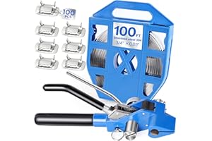 Hawaminent Steel Banding Strapping Kit - Steel Strapping Tool with Ratchet Tensioner&Cutter, 100Feet×3/4'' S304 Banding Coil with Blue Tray, 100ps Steel Buckles, Complete High Tensile Metal Packing
