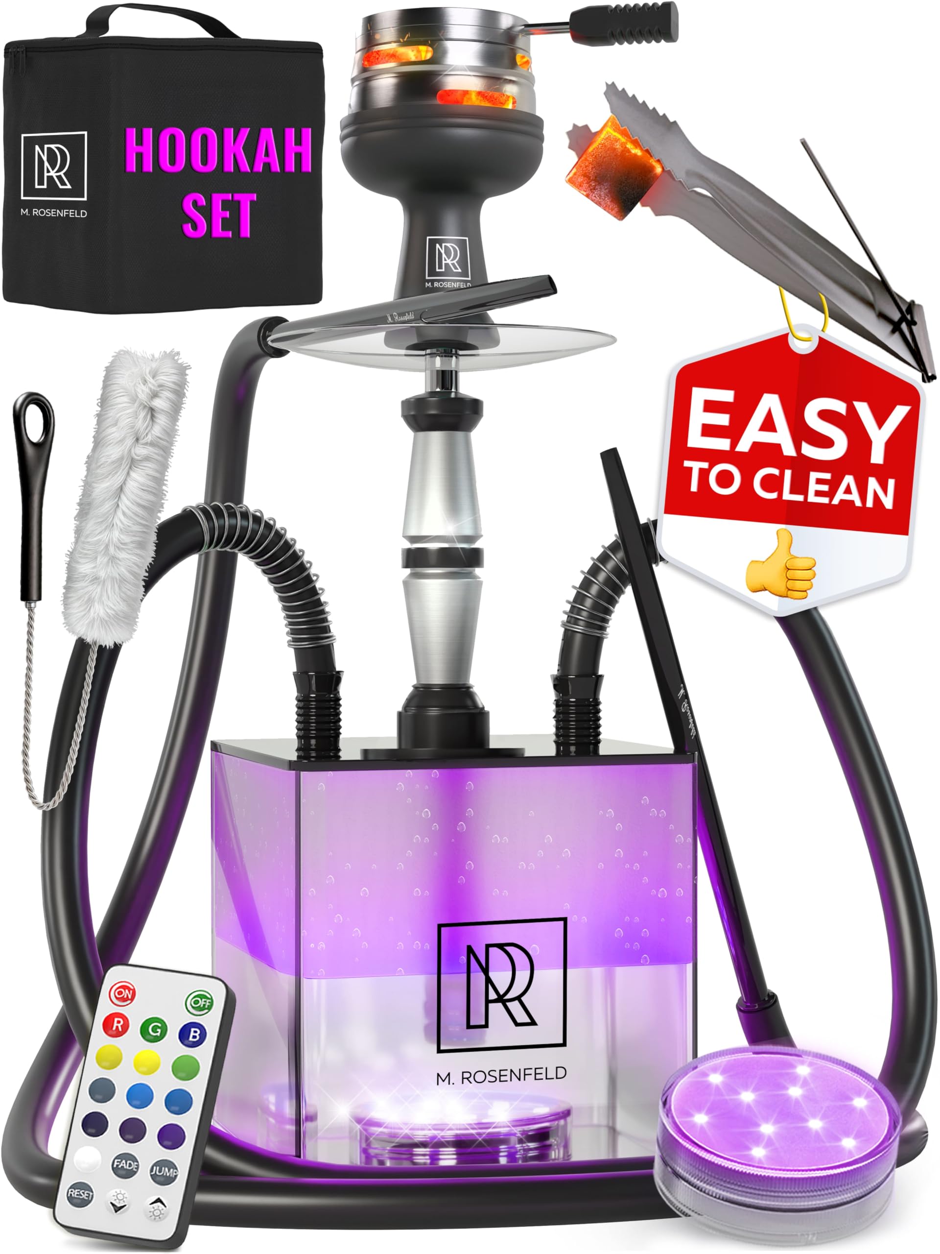 Photo 1 of Black Hookah Set with Everything – Hookah Set 2 Hose with LED Acrylic Base, Easy Setup, and Large Cloud Performance Hookah Machine - Premium Hooka 2 Hose for Home & Parties