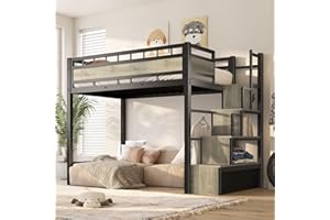 SogesSleep Loft Bed Twin Size with Stairs, Heavy Duty Metal Loft Bed with Built-in Storage and Large Under-Bed Space, Used for Teens and Junior, Space Saving Design & No Box Spring Needed, Black