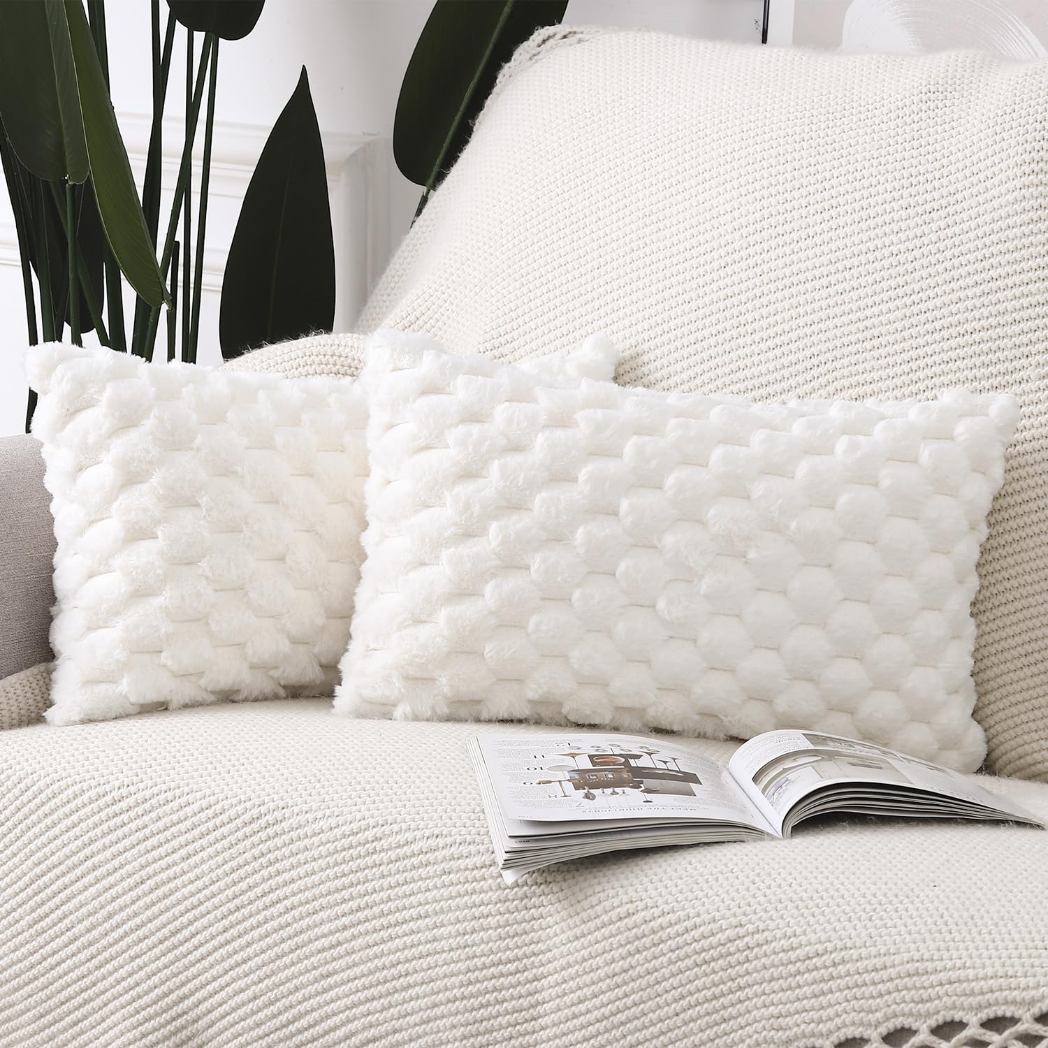 Madizz Faux Wool Cream White Cushion Covers 12x20 inch, 30x50 cm, Set of 2 Super Soft Boho Throw Pillow Covers Decorative Textured Pillowcases for Sofa Bedroom