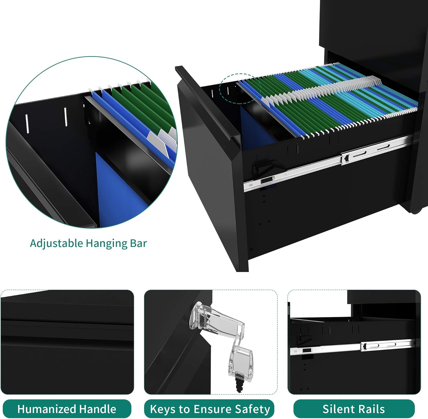 YITAHOME 2-Drawer Vertical File Cabinet with Lock, Portable Mobile Metal File Cabinet for Legal/Letter Size, Pre-Built Office Storage File Cabinet Except Wheels Under Desk - Black: Furniture & Decor