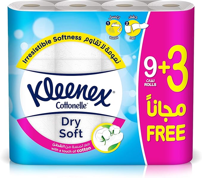 Kleenex Toilet Paper Dry Soft Pack of 12 Tissue Rolls, 200 Sheets x 2