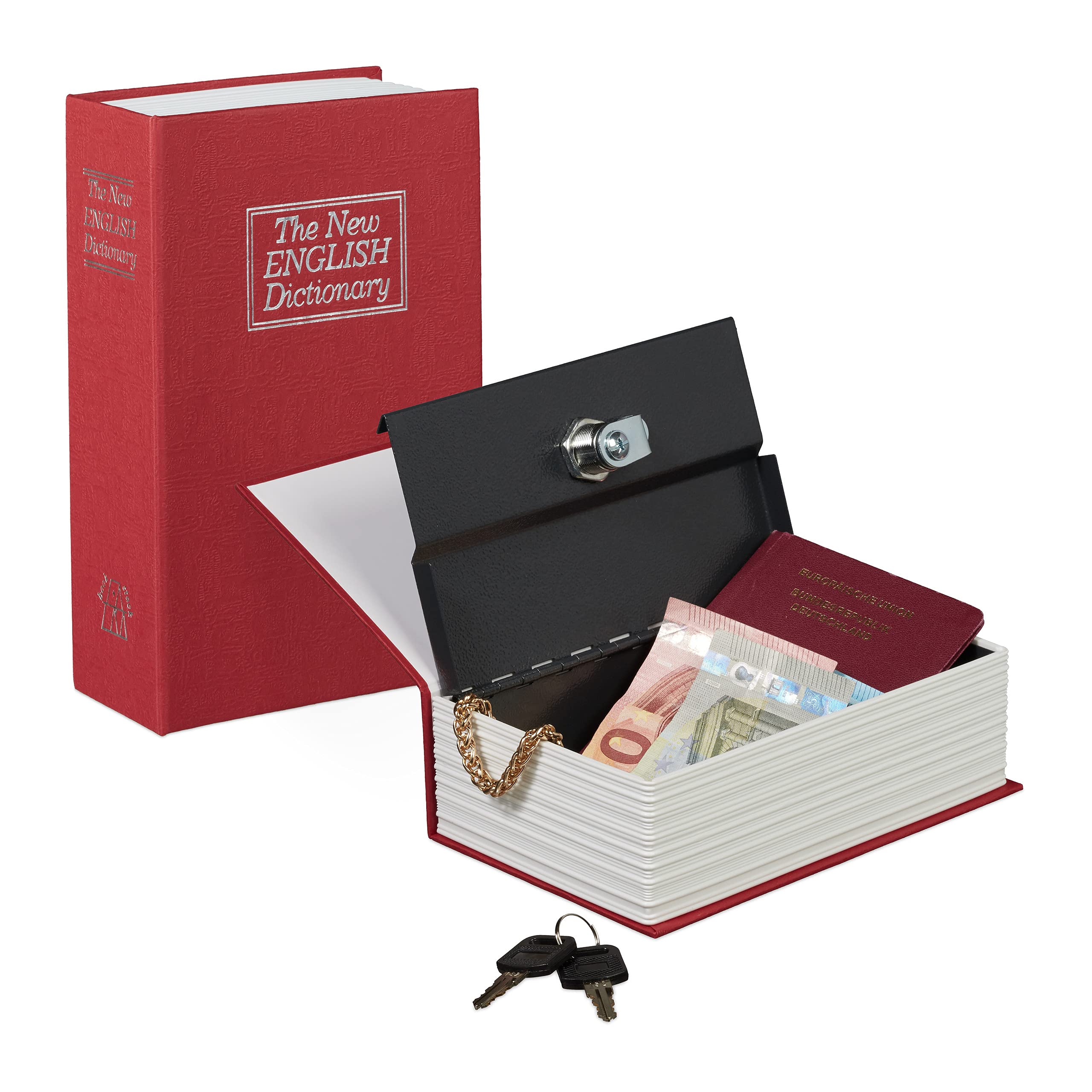 Relaxdays Safe with Key, Small, in Book Shape, Steel Compartment, 18 x 11.5 x 5.5 cm, Red, 5.5 x 11.5 x 18 cm
