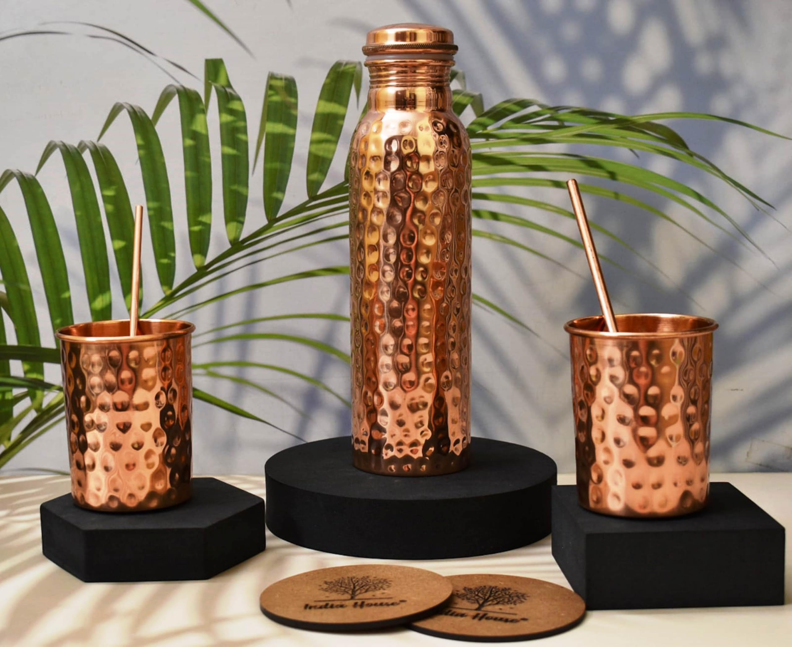 India House 100% Pure Copper 7 Chakra Bottle with Heart Chakra Crystal/Water Bottle/1000ml/Exercise/Meditation/Gym/Yoga from India (Two Free Wooden Coasters) (HAMMERED)