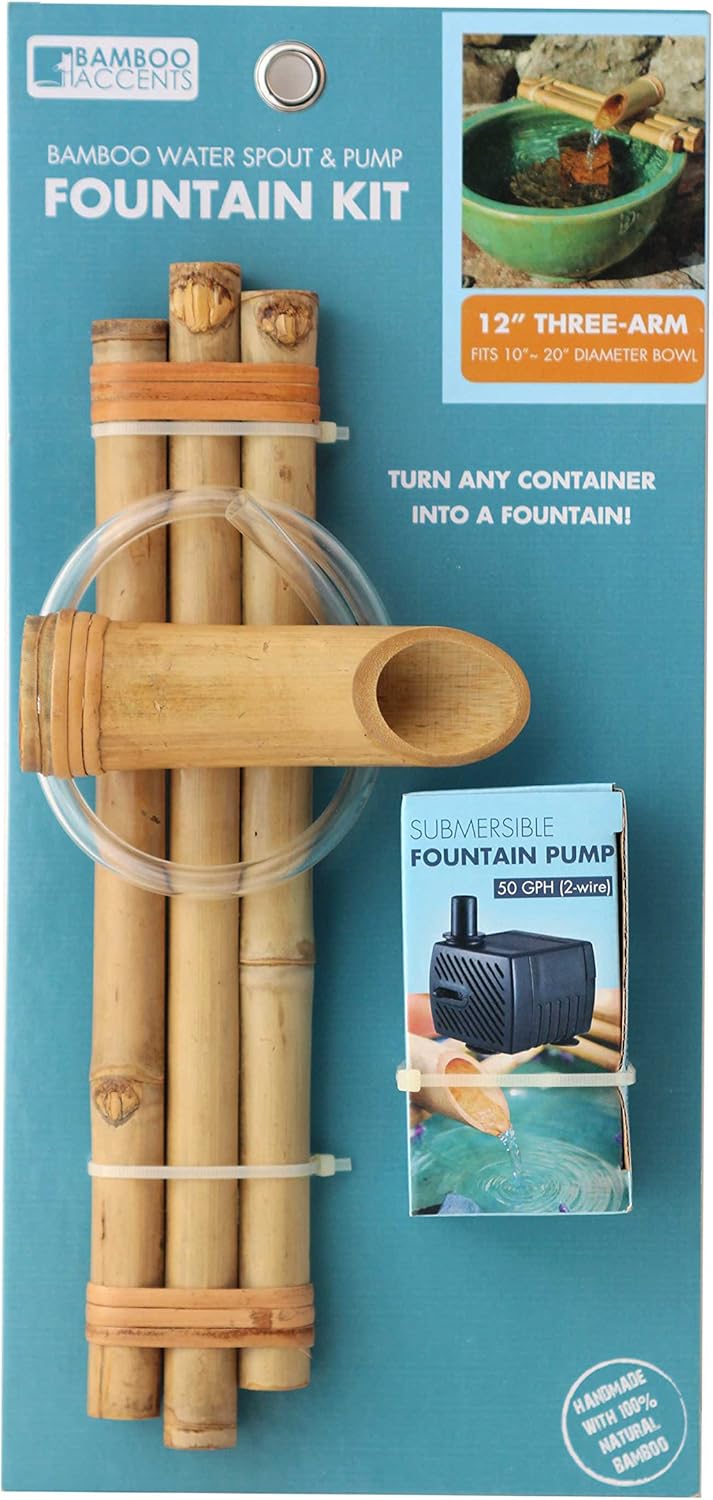 Bamboo Accents Water Fountain for Yard, Indoor/Outdoor Fountain, 12” Wide Three-Arm Style Base, Smooth Split-Resistant Bamboo to Create Your Own Zen Fountain (Container Not Included) : Tabletop Fountains : Garden & Outdoor