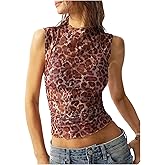 BEAUDRM Women's Leopard Mesh Tank Top Y2k Cheetah Ruched Sleeveless Fitted Crop Tops