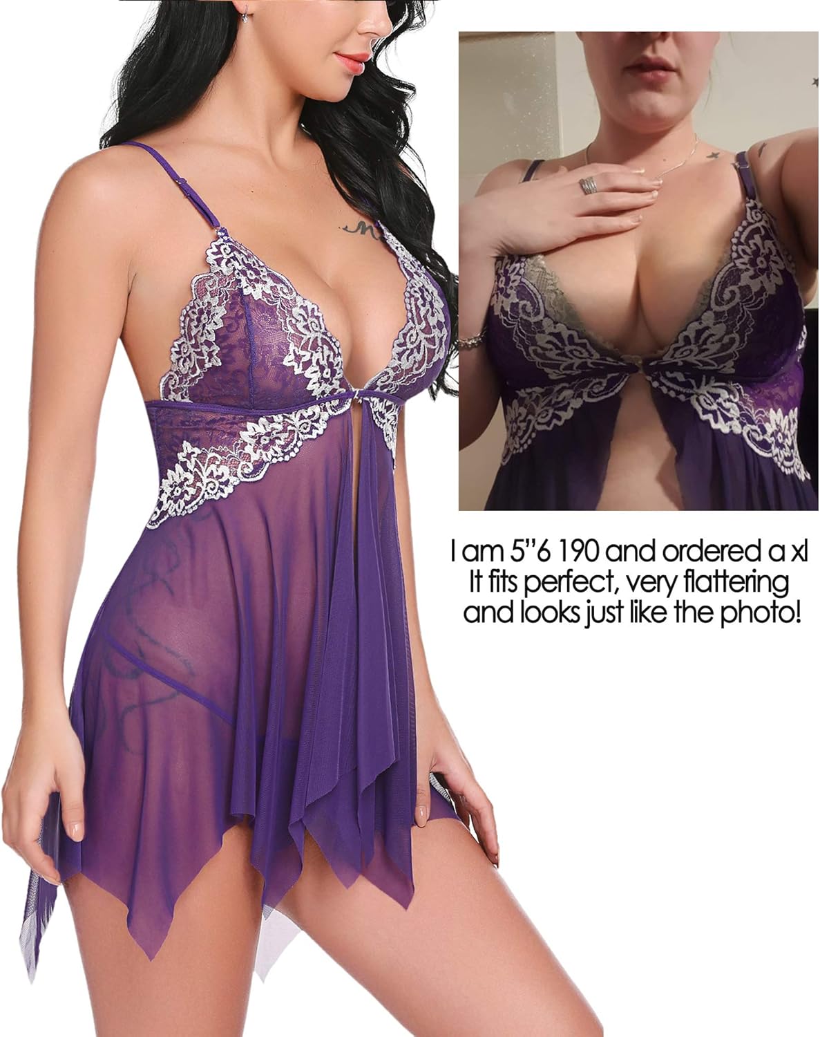 Avidlove Women Lace Lingerie Front Closure Babydoll V Neck Nightwear Sexy Chemise Nightie: Clothing