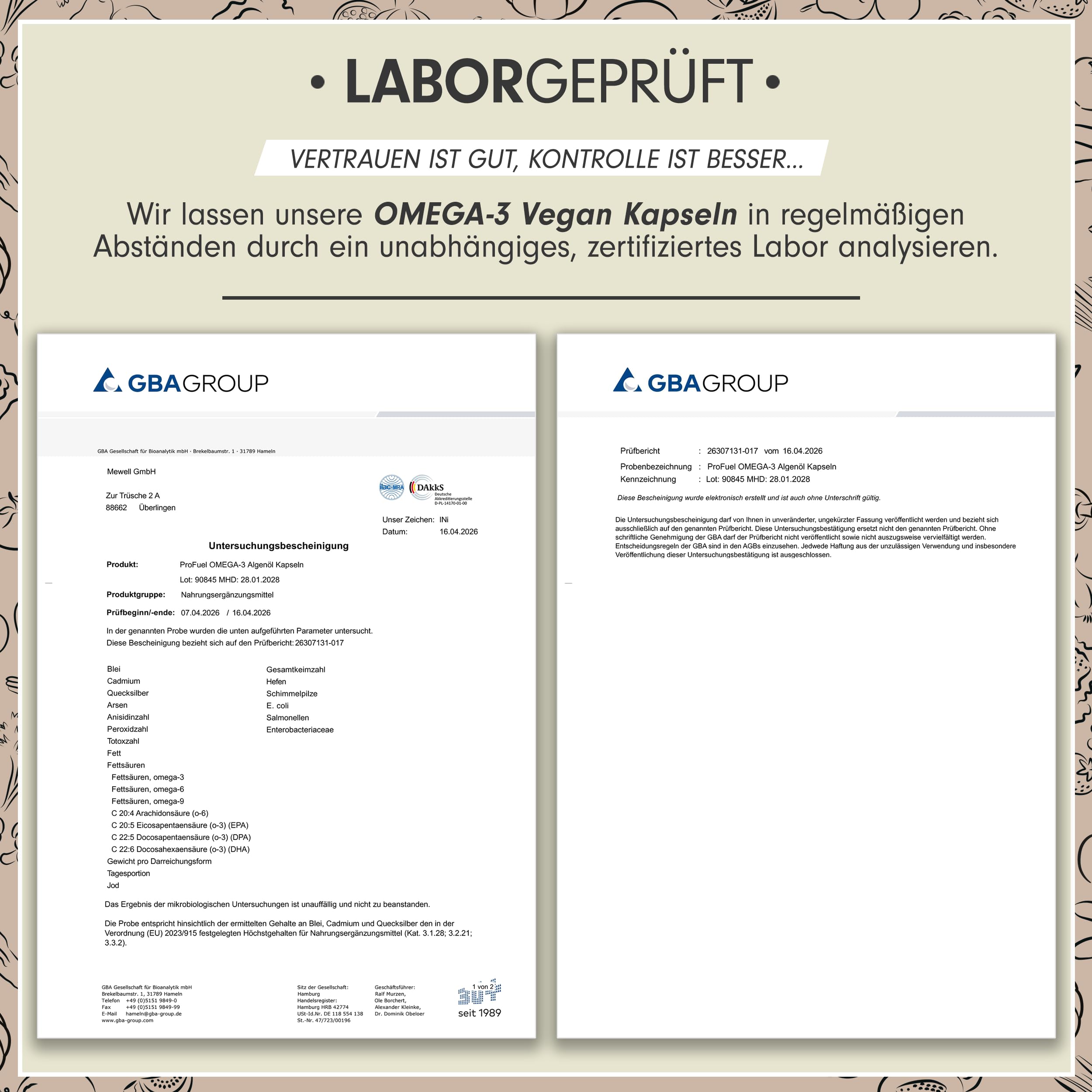 Omega-3 vegan Kapseln 120x - 2000 mg Algenöl pro Tag - hochdosiert mit 600mg DHA + 300mg EPA - hochwertige Omega-3 Algenöl Kapseln vegan - DHA:EPA Verhältnis 2:1 - laborgeprüft mit Analyse-Zertifikat 5