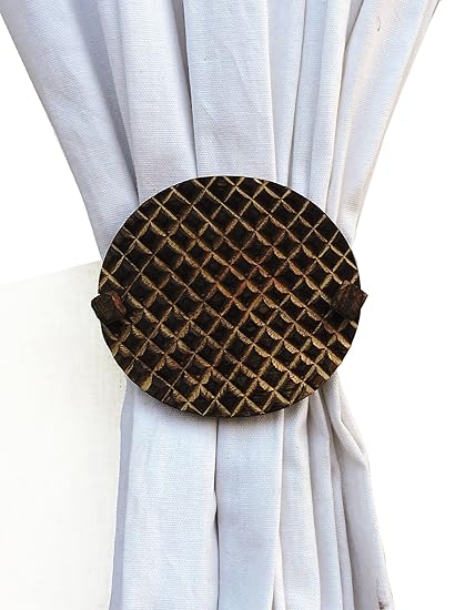 H & W Decorative Handmade Wooden Round Ellis Curtain Tieback (Pack of 1,Brown, 10x10 Cms)