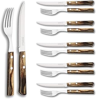 Tramontina 29899/199 Steakbesteck Pizzabesteck, 12 teiliges Set, Edelstahl AISI 420, brauner Echtholzgriff, FSC