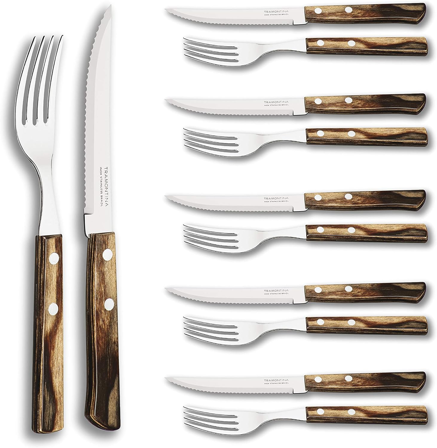 Tramontina 29899/199 Steakbesteck Pizzabesteck, 12 teiliges Set, Edelstahl AISI 420, brauner Echtholzgriff, FSC