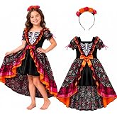 2PCS Day of the Dead Costume for Girls, Skeleton Dress with Flower Headband | Dia De Los Muertos Costume, Sugar Skull Floral Skirt, High-Low Hem, Flower Headband, for Girls Halloween Parties