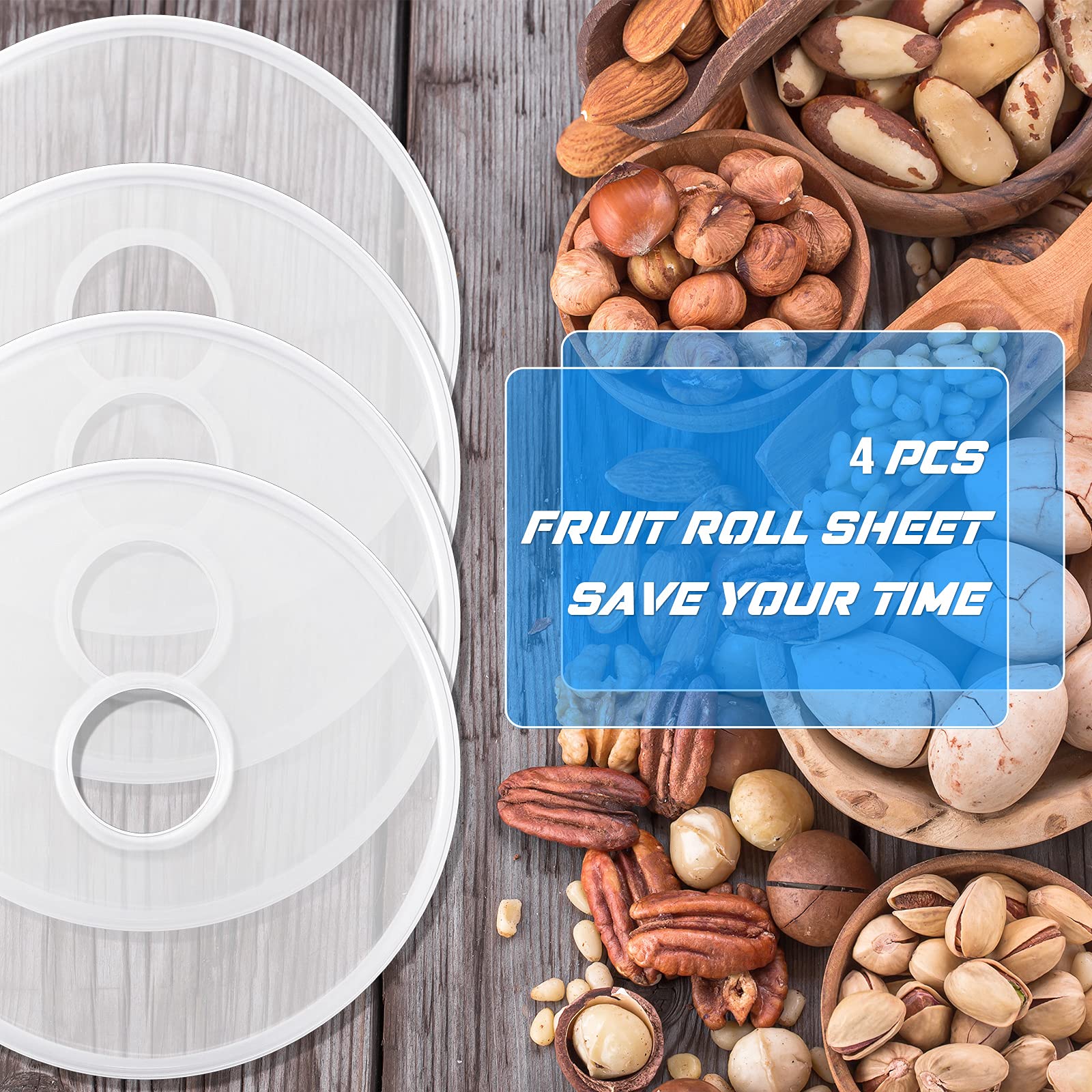 Nuenen 4 Pcs Fruit Roll Dehydrator Sheets 12.2 Inch Round Food Grade Plastic Fruit Roll Sheets White Dried Leather Meat Beef Christmas Birthday Party Home Kitchen Bakery Use(4 Pieces)