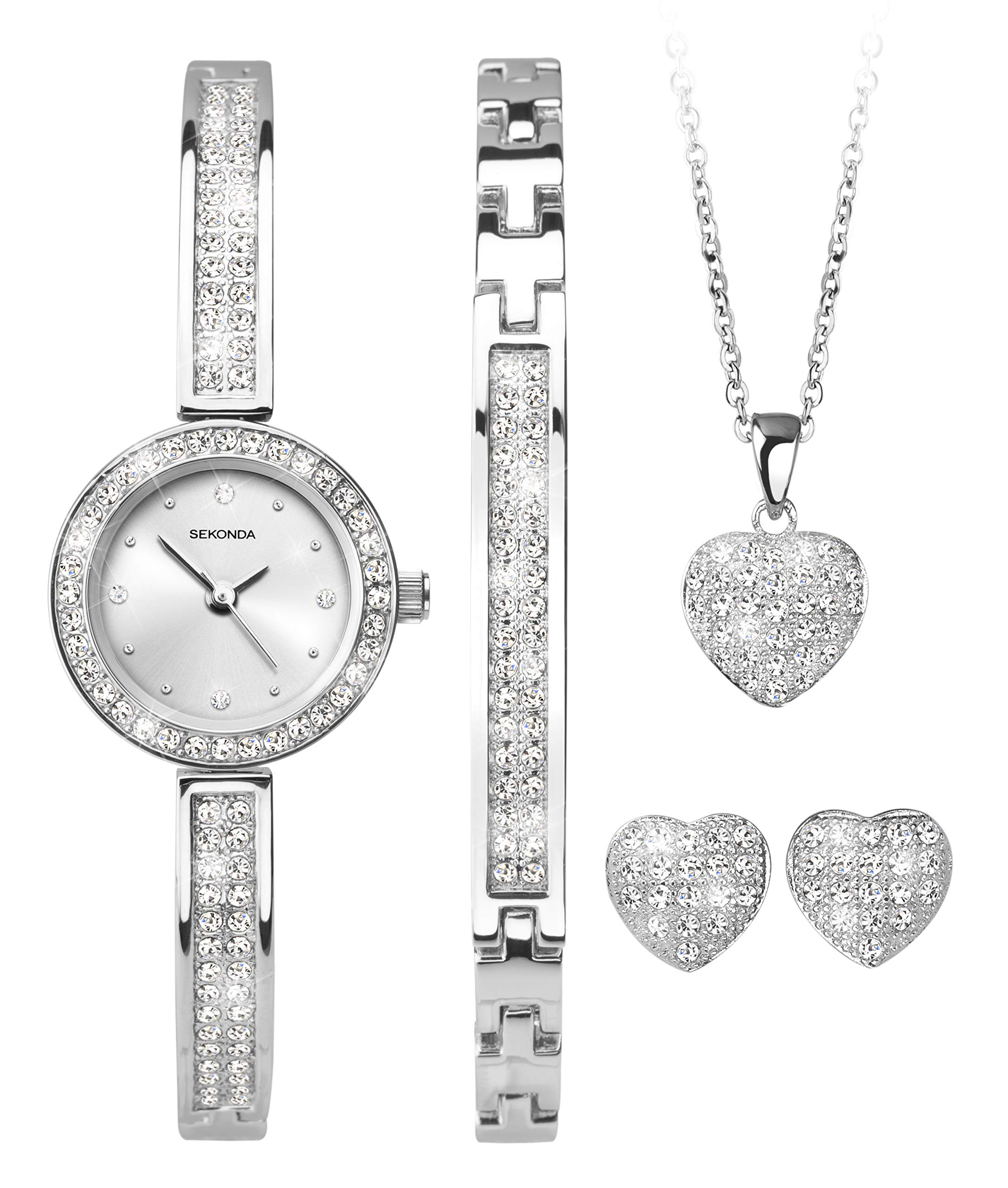 Sekonda Womens Gift Set 22mm Analogue Classic Quartz Watch with Silver Strap Bracelet Necklace and Earings 2528G