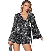 UNIQUE 21 Women Sequin Romper One Piece Shiny Wrap V Neck Shorts Jumpsuit Deep V Neck Long Sleeve Disco Dance Outfits