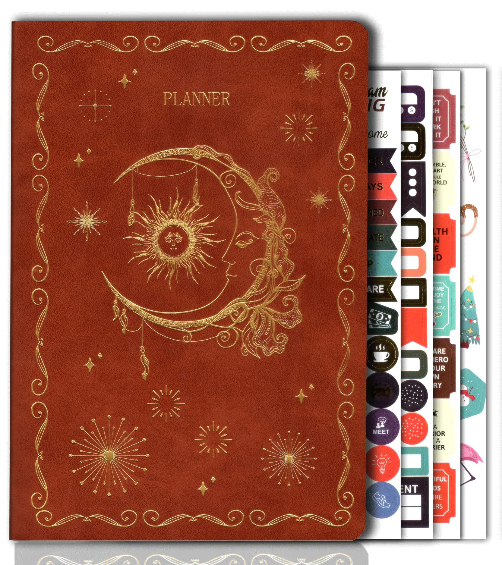 Deselen Undated Monthly Planner 2023 with Personalised Stickers - A5 Faux Leather Notebook, Simple Productivity Planner Weekly Monthly for Family Student Goal Setting, Brown