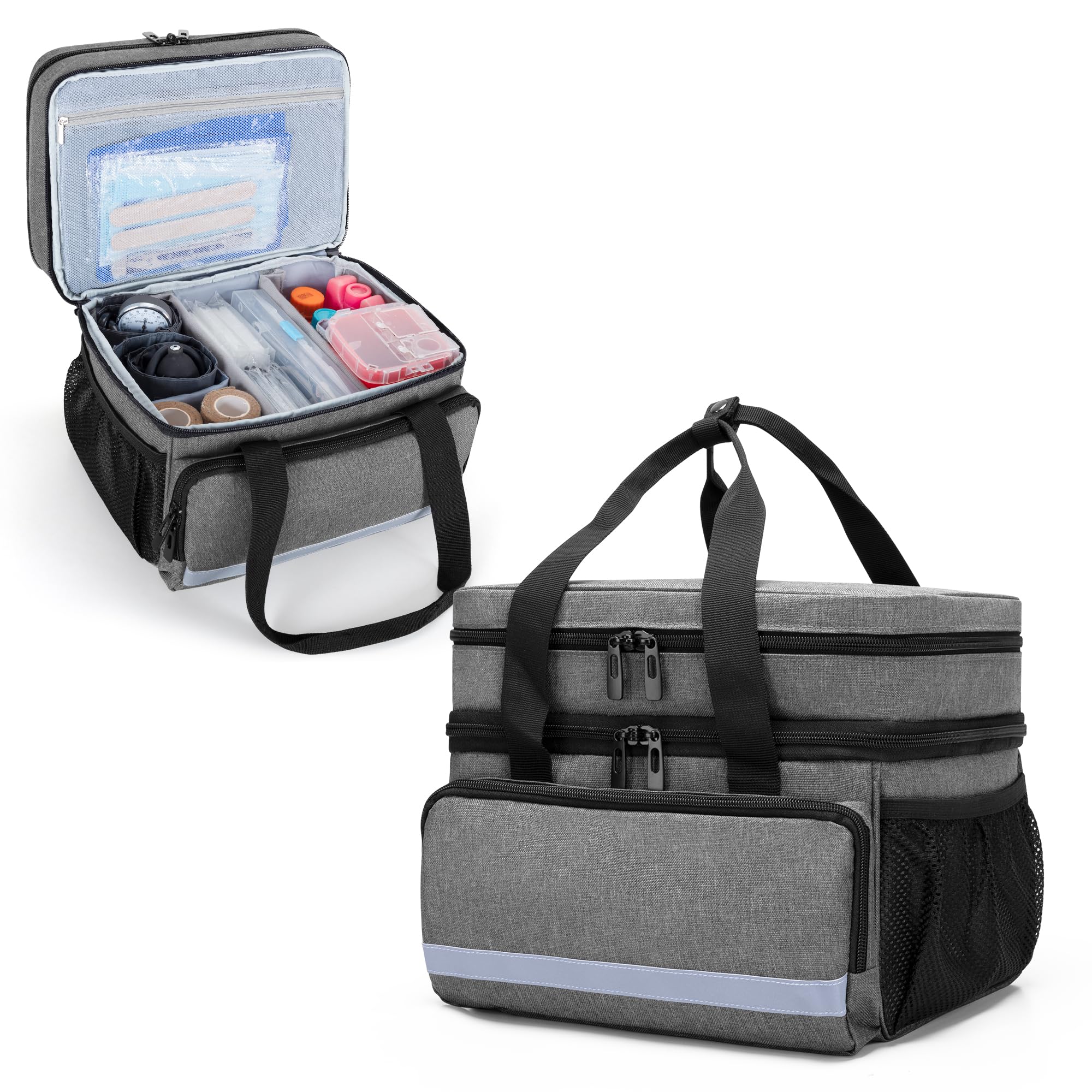 CURMIO Double Layer First Aid Bag Empty, Medical Bag, Emergency Medical Kits Bag, Medicine Storage Bag for Home and Travel, Grey (Patented Design)