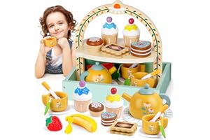 Wooden Tea Set for Toddlers Girls, Tea Party Set with Storage Cupcake Stand Extra Cutting Fruit Kids Tea Set for 3 4 5 6 Years Little Girls, Jeowoqao Portable Princess Tea Party Toys Gifts