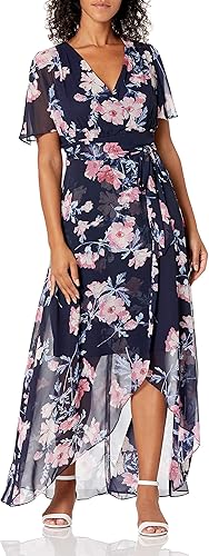 Jessica Howard Women's Maxi Dress with High Low Wrap Skirt and Tie Sash