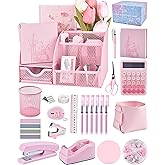 23pc Pink Desk Accessories and Organizers with Mesh Organizer Stapler Tape Dispenser Calculator and a Lot of Office Pink Office Supplies Beautifully Presented in a Gift Box