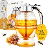Hunnibi 8oz No Drip Glass Honey Dispenser with Plastic Top - Honeycomb-Style Syrup Server and Bee-Themed Storage Jar with Stand - 6"