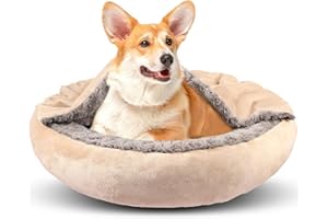 GASUR Dog Beds for Small Medium Dogs with Hooded Blanket, Cozy Cuddler Luxury Puppy Pet Bed with Blanket Attached, Donut Round Calming Anti-Anxiety Dog Burrow Cave Bed, Machine Washable 26 inch