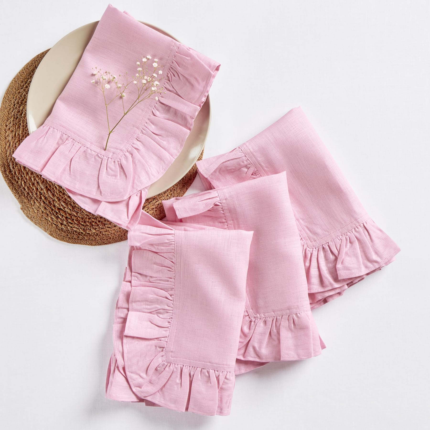 Photo 1 of Solino Home Linen Ruffle Napkins Set of 4-100% Pure Linen Pink Lemonade Dinner Napkins Cloth 20 x 20 Inch - Gabrielle Ruffle, Handcrafted and Machine Washable Fabric