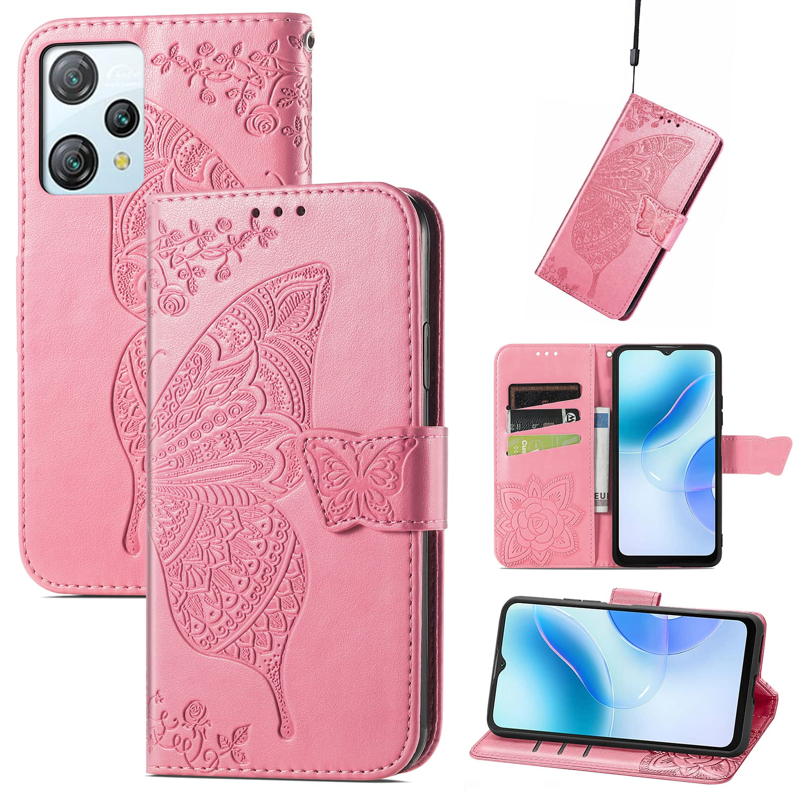JIUNINE Case for Blackview A53 / Blackview A53 Pro, Leather Wallet Case Flip Cover with Butterfly Embossed Pattern [Card Holder] [Magnetic Closure] [TPU Inner Shell] for Blackview A53 Pro, Pink