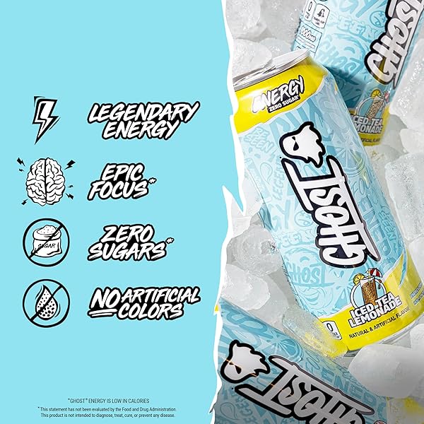 GHOST ENERGY DRINK – 12-PACK, ICED TEA LEMONADE, 16OZ – ENERGY & FOCUS & NO ARTIFICIAL COLORS – 200MG OF NATURAL CAFFEINE, L-CARNITINE & TAURINE – GLUTEN-FREE & VEGAN