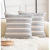 Cethom Decorative Boho Throw Pillow Covers, Farmhouse Textured Pillow Case, 22 x 22 Inch Set of 2, Chair Sofa Bedroom Living Room Decor Couch Cushion Case, Navy Blue and Beige Striped