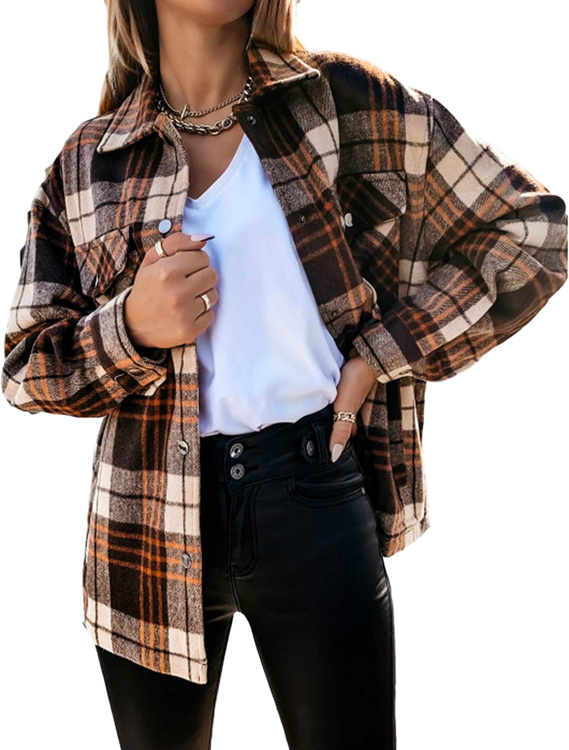 Tanming Women's Casual Wool Blend Plaid Shacket Jacket Button Down