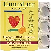 CHILDLIFE ESSENTIALS Omega-3 DHA + Choline SoftChew Gummies for Kids - Omega 3 & DHA Gummies with Choline, Fish Oil for Babies, Toddlers & Children - Natural Passion Fruit, 27 Tablets