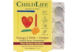 CHILDLIFE ESSENTIALS Omega-3 DHA + Choline SoftChew Gummies for Kids - Omega 3 & DHA Gummies with Choline, Fish Oil for Babies, Toddlers & Children - Natural Passion Fruit, 27 Tablets