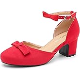 Women's Bow Closed Round Toe Ankle Strap Pumps D'Orsay Low Block Chunky Heels Elegant Wedding Bridal Party Dress Shoes