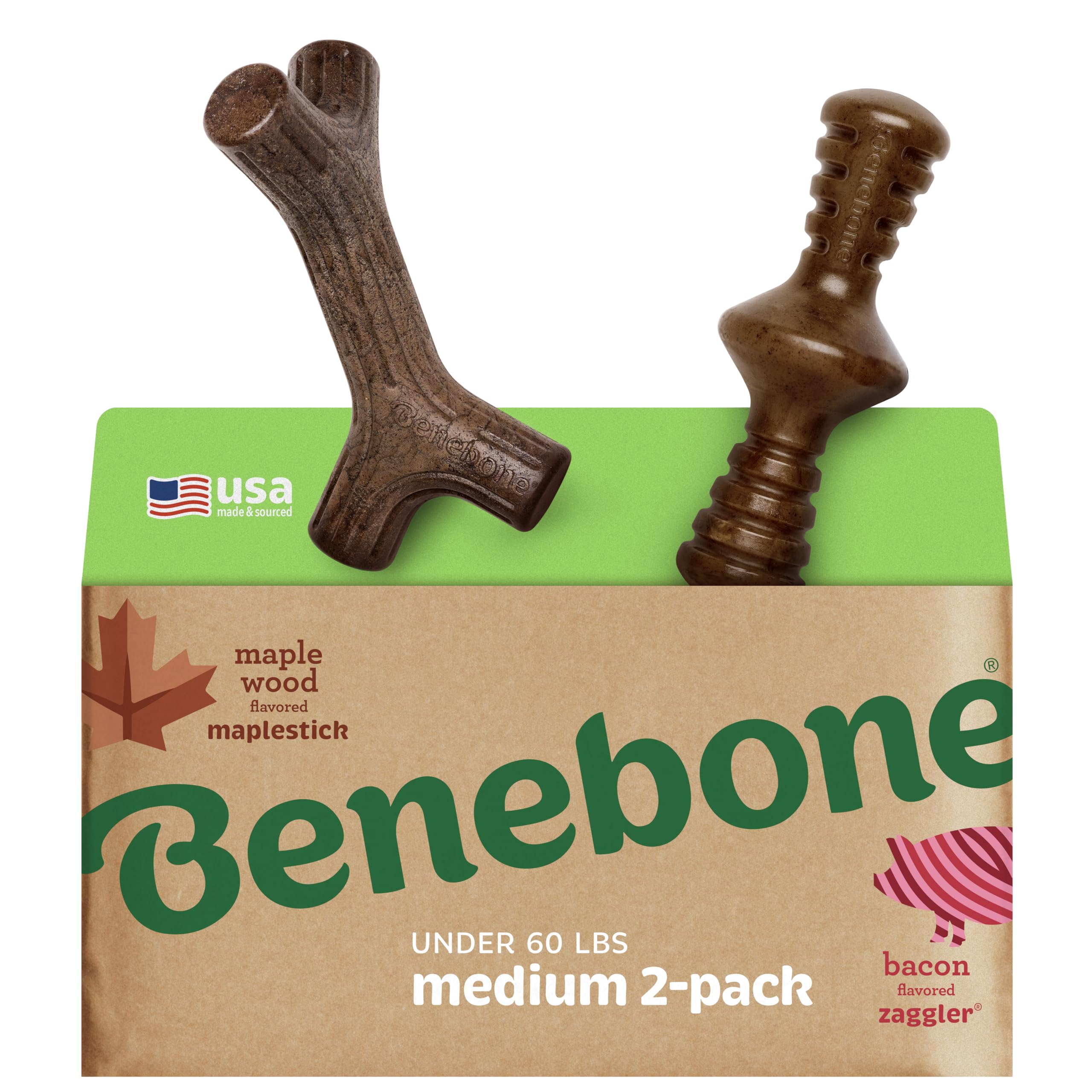 Benebone 2-Pack Indestructible Maplestick/Zaggler for Aggressive Chewers, Long Lasting Tough Boredom Breaker for Dogs, Real Bacon and Maple Wood Flavour, For Medium Dogs, Made in the USA.