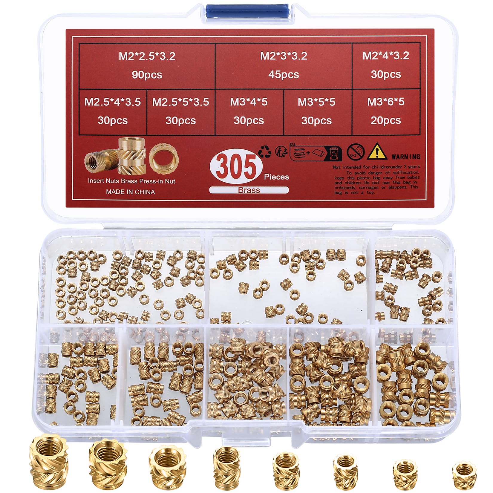 qxayxa 305 Pcs Brass Knurled Threaded Insert, M2 M2.5 M3 Female Thread Brass 3D Printing Thread Knurled Press-in Insert Nuts, Embedment Nuts for Plastic Shell 3D Printing Parts
