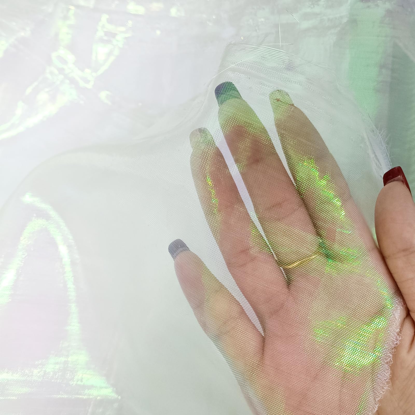 Magic Laser Holographic Fabric, 59in Iridescent Sequin Gradient Organza Lace for Wedding Photography Background Dress Party DIY Supplies, White