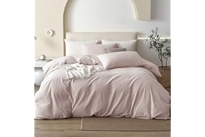 JIYUAN 100% Washed Cotton Duvet Cover Set Comfy Simple Style Soft Breathable Textured Durable Linen Feel Bedding for All Seasons King, Greyish Pink
