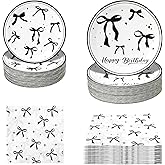 Hpscdyo 180Pcs Black Bow Birthday Party Supplies Paper Plates and Napkins Serve 60 Disposable Tableware Set for Birthday Party Decorations Game Day Family Holiday Sports Events