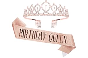 CAVETEE Birthday Crown and Sash for Women - Rose Gold Rhinestone Tiara Set and Sash for Decorations