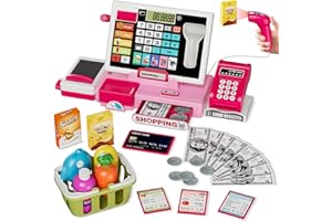 HYES Kids Cash Register Toy Playset with Real Calculator, Toddler Pretend Play Store incl Scanner/Credit Card/Play Money/Conveyor/Food Toys, Learning Toys Gifts for Boys Ages 4-8 8-12, Pink